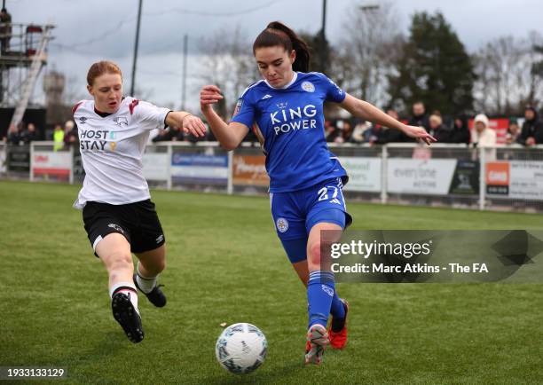 Shannon O'Brien of Leicester City in action with Camille Jenkins of Derby County during the Adobe Women's FA Cup Fourth Round between Derby County...