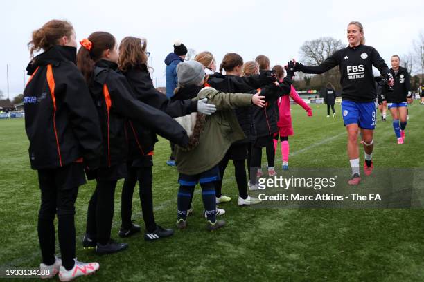 Lena Petermann of Leicester City greets the mascots prior to the Adobe Women's FA Cup Fourth Round between Derby County Women and Leicester City...