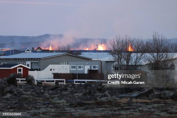 Eruption starts again just north of Grindavik on January 14, 2024 in Grindavik, Iceland. On Sunday morning, a new eruption happened north of...