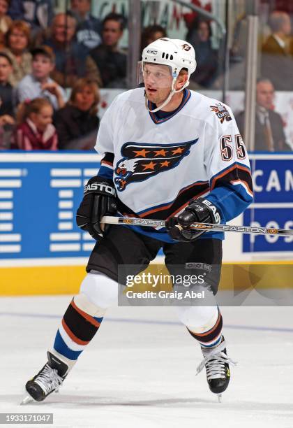 Sergei Gonchar of the Washington Capitals skates against the Toronto Maple Leafs during NHL game action on October 25, 2003 at Air Canada Centre in...