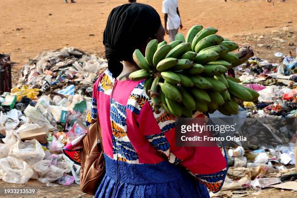 Woman carries plantain bananas on January 14, 2024 in Yaounde, Cameroon. Cameroon is often referred to as 'Africa in miniature' for its geological...