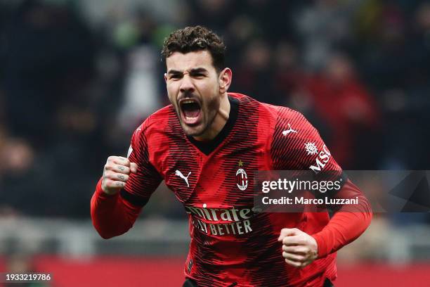 Theo Hernandez of AC Milan celebrates scoring their team's third goal during the Serie A TIM match between AC Milan and AS Roma - Serie A TIM at...