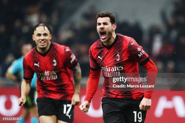 Theo Hernandez of AC Milan celebrates scoring their team's third goal during the Serie A TIM match between AC Milan and AS Roma - Serie A TIM at...