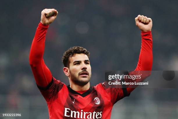 Theo Hernandez of AC Milan celebrates scoring their team's third goal during the Serie A TIM match between AC Milan and AS Roma - Serie A TIM at...