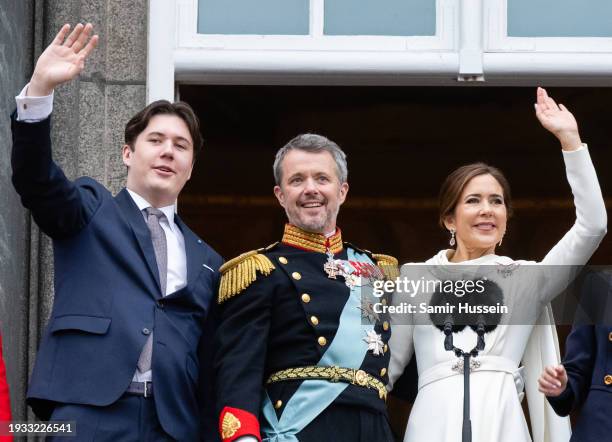 Crown Prince Christian, King Frederik X of Denmark and Queen Mary of Denmark wave after the proclamation of HM King Frederik X and HM Queen Mary of...