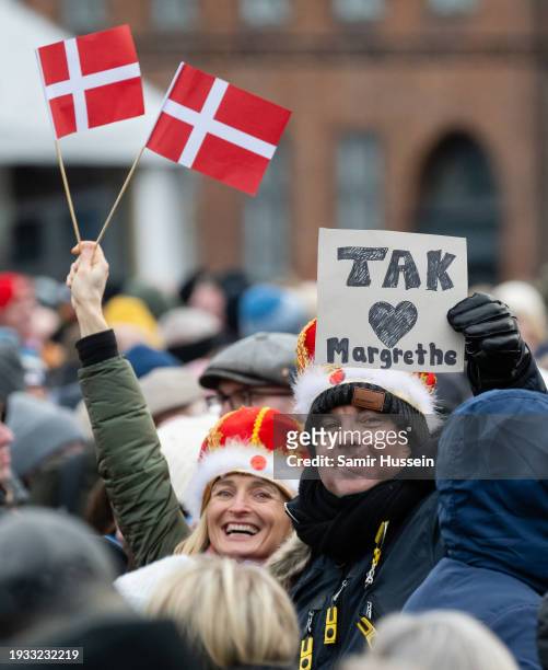 Well wishers are seen ahead of the proclamation of HM King Frederik X and HM Queen Mary of Denmark at Christiansborg Palace on January 14, 2024 in...