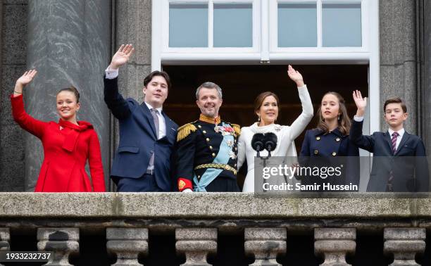 Princess Isabella, Crown Prince Christian, King Frederik X of Denmark, Queen Mary of Denmark, Princess Josephine and Prince Vincent wave after the...