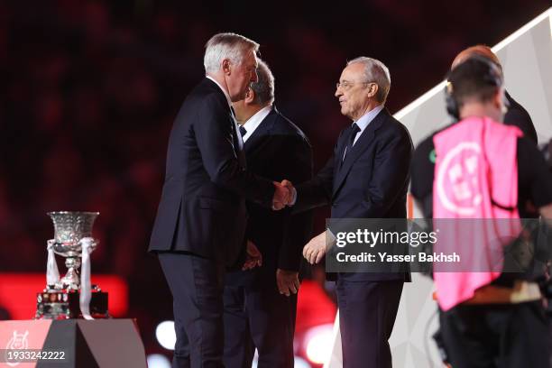 Carlo Ancelotti, Head Coach of Real Madrid, shakes hands with Florentino Perez, Real Madrid President after the Super Copa de España Final match...