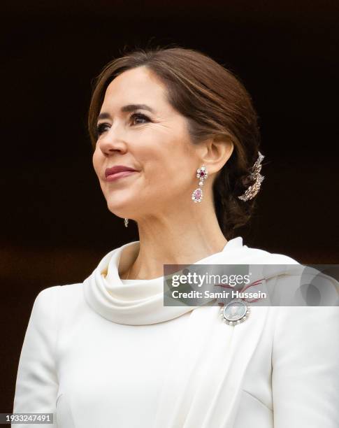 Queen Mary of Denmark after the proclamation by the Prime Minister, Mette Frederiksen on the balcony of Christiansborg Palace on January 14, 2024 in...