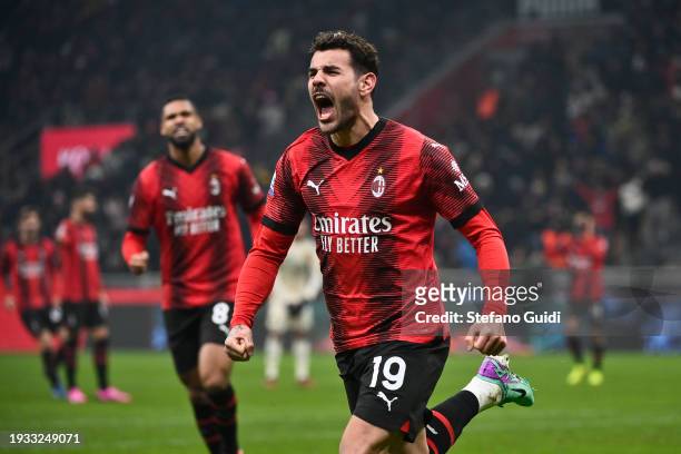 Theo Hernandez of AC Milan celebrates a third goal during the Serie A TIM match between AC Milan and AS Roma - Serie A TIM at Stadio Giuseppe Meazza...