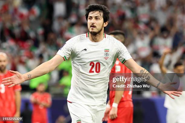 Sardar Azmoun of Iran celebrates his goal during the AFC Asian Cup Group C match between Iran and Palestine at Education City Stadium on January 14,...