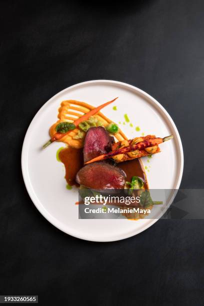 beef deer steak filet with gravy, carrot puree and carrot cake served with red wine at michelin star gourmet restaurant - servicio de calidad fotografías e imágenes de stock