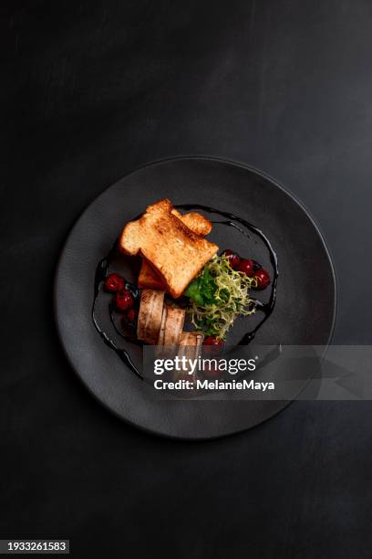 plato de terrina de carne picada de ciervo pechuga de pato con cerezas balsámicas en restaurante gourmet con estrella michelin sobre fondo oscuro - servicio de calidad fotografías e imágenes de stock