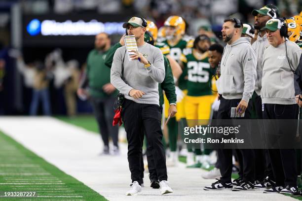 Head coach Matt LaFleur of the Green Bay Packers watches action during the first quarter of the NFC Wild Card Playoff game against the Dallas Cowboys...