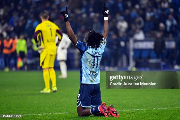 Emmanuel Sabbi of Havre AC reacts after scoring during the Ligue 1 Uber Eats match between Havre AC and Olympique Lyon at Stade Oceane on January 14,...