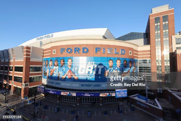 View outside Ford Field prior to a game between the Los Angeles Rams and Detroit Lions in the NFC Wild Card Playoffs on January 14, 2024 in Detroit,...
