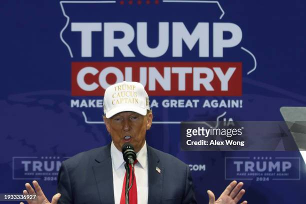 Republican Presidential Candidate former U.S. President Donald Trump speaks during a campaign rally at Simpson College on January 14, 2024 in...