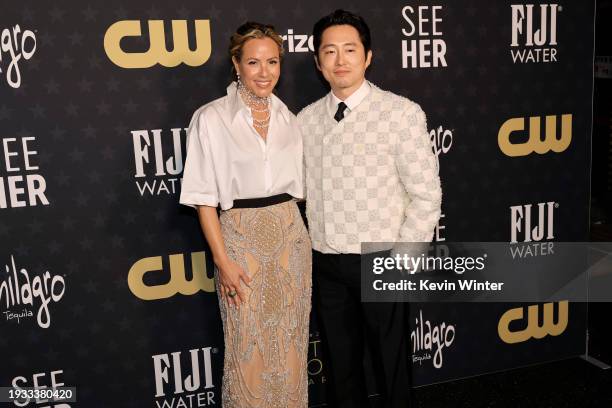 Maria Bello and Steven Yeun attend the 29th Annual Critics Choice Awards at Barker Hangar on January 14, 2024 in Santa Monica, California.