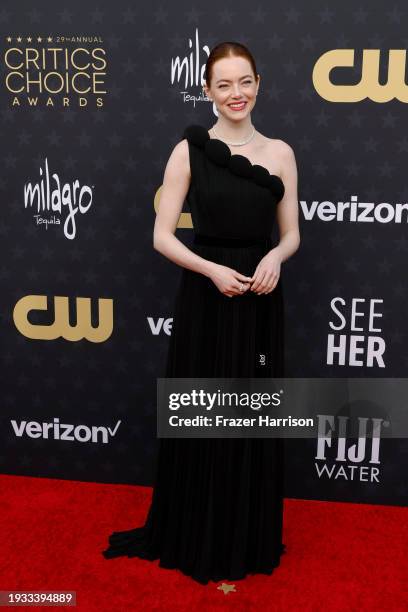 Emma Stone attends the 29th Annual Critics Choice Awards at Barker Hangar on January 14, 2024 in Santa Monica, California.