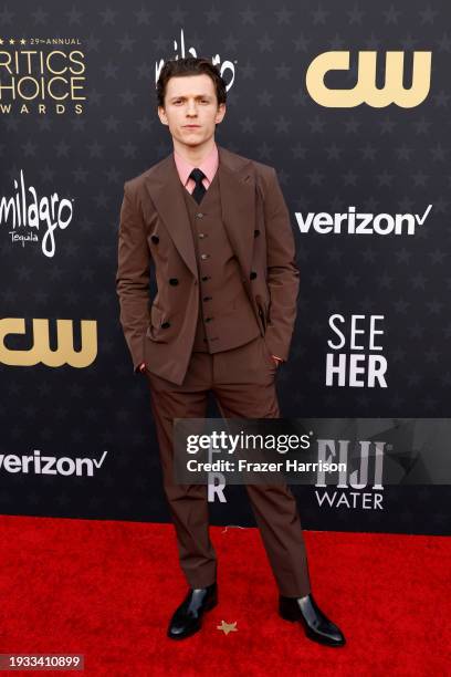 Tom Holland attends the 29th Annual Critics Choice Awards at Barker Hangar on January 14, 2024 in Santa Monica, California.