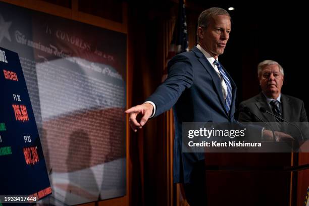 Sen. John Thune speaks during a news conference on border security on January 17, 2024 in Washington, DC. Thune and Sen. Lindsey Graham highlighted...