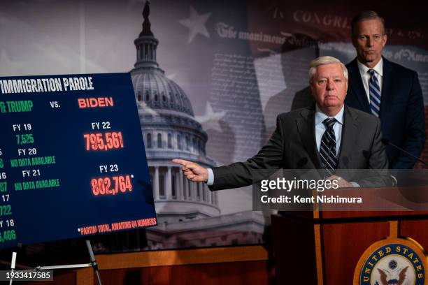 Sen. Lindsey Graham and Sen. John Thune speak during a news conference on border security on January 17, 2024 in Washington, DC. Sen. Graham...