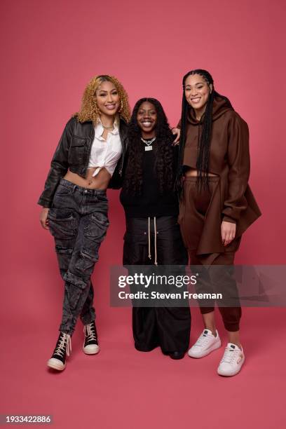 Shakira Austin, Arike Ogunbowale and Brionna Jones pose for a portrait at Mama Tress Studios on January 10, 2024 in New York, New York. NOTE TO USER:...