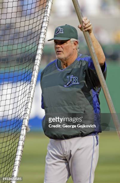 Manager Lou Piniella of the Tampa Bay Devil Rays watches his team take batting practice before a game against the Pittsburgh Pirates at PNC Park on...