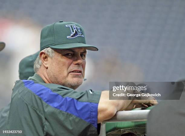 Manager Lou Piniella of the Tampa Bay Devil Rays watches his team take batting practice before a game against the Pittsburgh Pirates at PNC Park on...