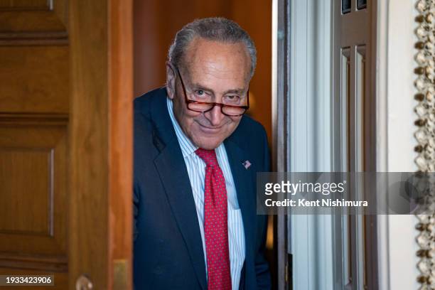 Senate Majority Leader Chuck Schumer walks out for a news conference following weekly policy luncheons at the U.S. Capitol on January 17, 2024 in...