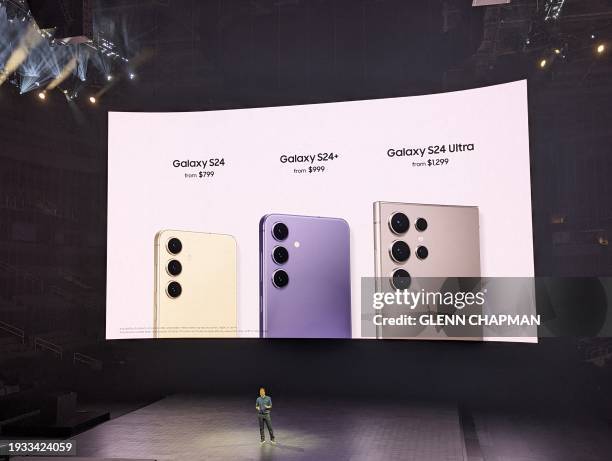 Samsung vice president of product management Drew Blackard unveils new flagship Galaxy phones packed with artificial intelligence features at a media...