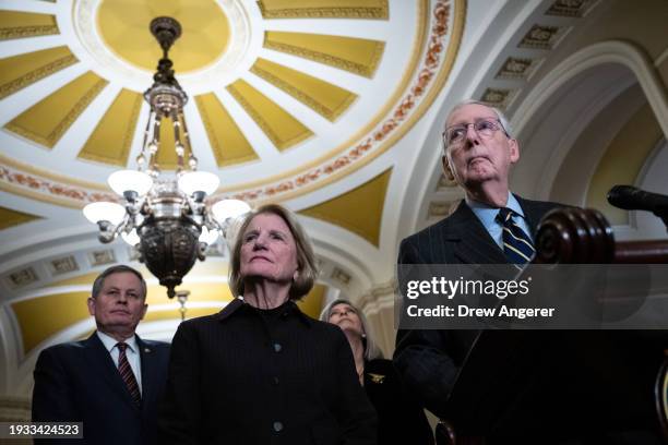 Senate Minority Leader Mitch McConnell speaks during a news conference following a closed-door lunch meeting with Senate Republicans at the U.S....