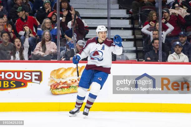 Colorado Avalanche Right Wing Mikko Rantanen celebrates his second goal of the game during second period National Hockey League action between the...