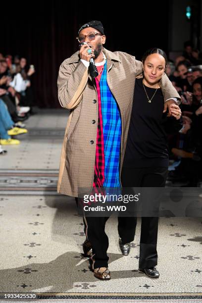Yasiin Bey and Grace Wales Bonner on the runway at Wales Bonner Men's Fall 2024 as part of Paris Men's Fashion Week held on January 17, 2024 in...