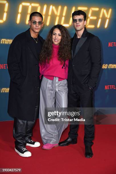 Emilio Sakraya Moutaoukkil, his brother Ilyes Raoul Moutaoukkil and their mother Meryem Moutaoukkil attend the "60 Minuten" Netflix special screening...