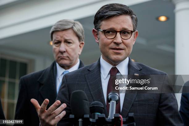 Speaker of the House Mike Johnson makes a statement alongside Mike Rogers infront of the West Wing at the White House on January 17, 2024 in...