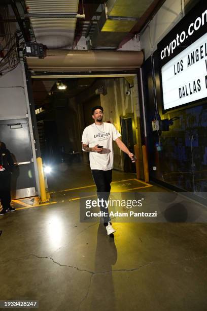 Christian Wood of the Los Angeles Lakers arrives to the arena before the game against the Dallas Mavericks on January 17, 2024 at Crypto.Com Arena in...