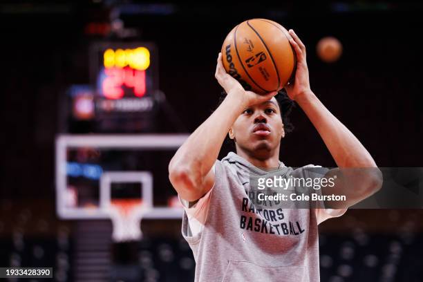 Scottie Barnes of the Toronto Raptors warms up ahead of the game against the Miami Heat at Scotiabank Arena on January 17, 2024 in Toronto, Canada....