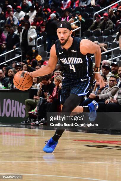 Jalen Suggs of the Orlando Magic goes to the basket during the game on January 17, 2024 at State Farm Arena in Atlanta, Georgia. NOTE TO USER: User...