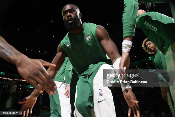 Jaylen Brown of the Boston Celtics is introduced before the game against the San Antonio Spurs on January 17, 2024 at the TD Garden in Boston,...