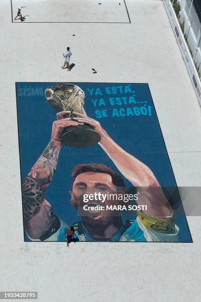 Aerial view of a mural depicting Argentine football star Lionel Messi, painted by artists Fernando Lerena and Massi Ledesma, in a beach in Mar del...