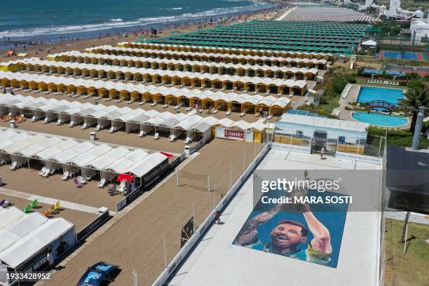 Aerial view of a mural depicting Argentine football star Lionel Messi, painted by artists Fernando Lerena and Massi Ledesma, in a beach in Mar del...