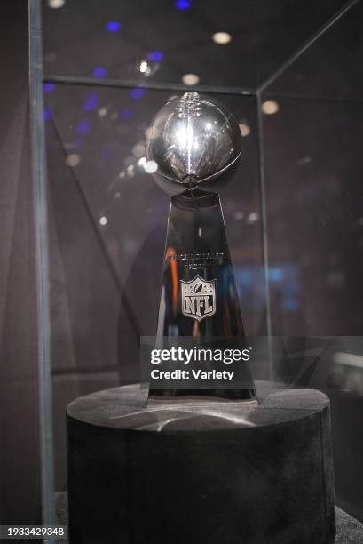 Vince Lombardi trophy at The Paley Center for Media - Kicking Off Super Bowl LVIII on CBS with "THE NFL TODAY" Red Carpet held at The Paley Museum on...