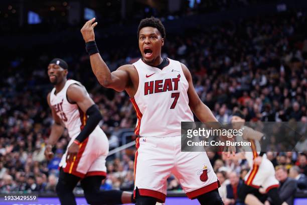 Kyle Lowry of the Miami Heat reacts to the referee during the first half against the Toronto Raptors at Scotiabank Arena on January 17, 2024 in...