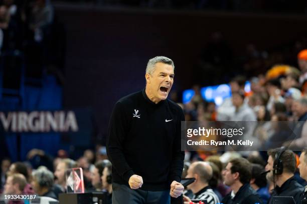 Heach coach Tony Bennett of the Virginia Cavaliers reacts to a play in the second half during a game against the Virginia Tech Hokies at John Paul...