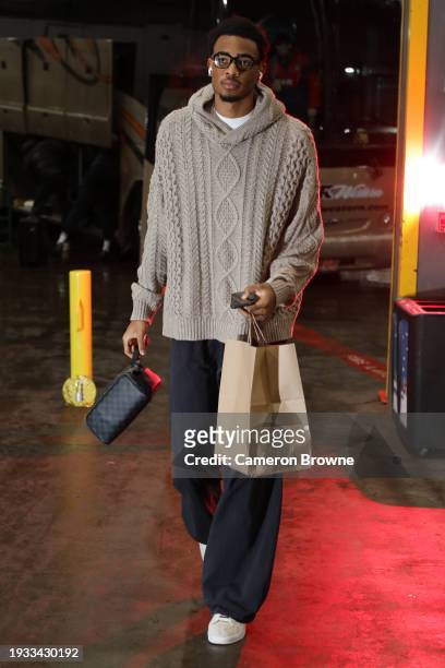 Nicolas Claxton of the Brooklyn Nets arrives to the arena before the game against the Portland Trail Blazers on January 17, 2024 at the Moda Center...