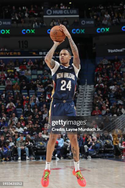 Jordan Hawkins of the New Orleans Pelicans shoots the ball during the game against the Charlotte Hornets on January 17, 2024 at the Smoothie King...