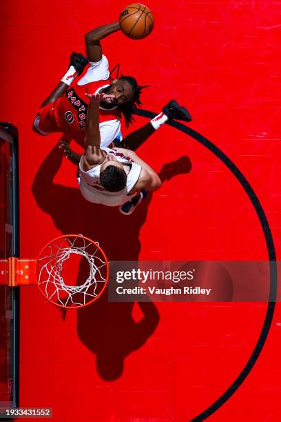 Javon Freeman-Liberty of the Toronto Raptors drives to the basket during the game against the Miami Heat on January 17, 2024 at the Scotiabank Arena...