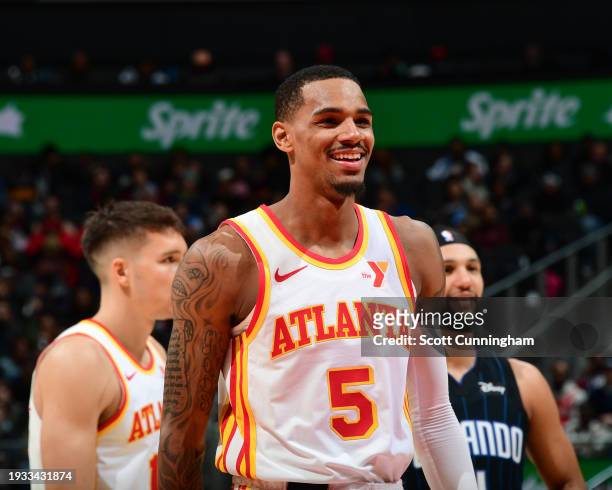 Dejounte Murray of the Atlanta Hawks look on during the game on January 17, 2024 at State Farm Arena in Atlanta, Georgia. NOTE TO USER: User...