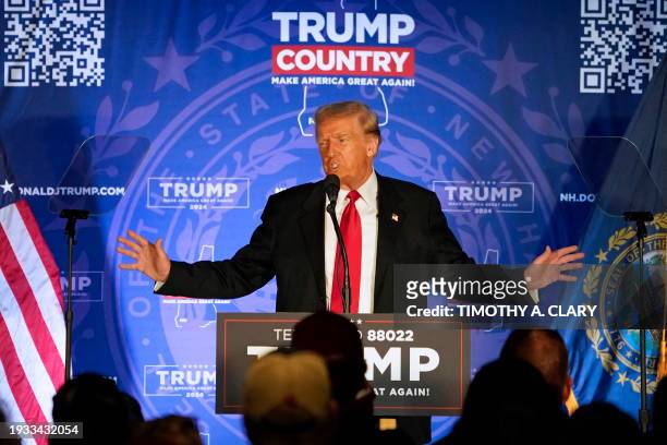 Republican presidential candidate former US President Donald Trump speaks at a campaign event in Portsmouth, New Hampshire, on January 17, 2024.